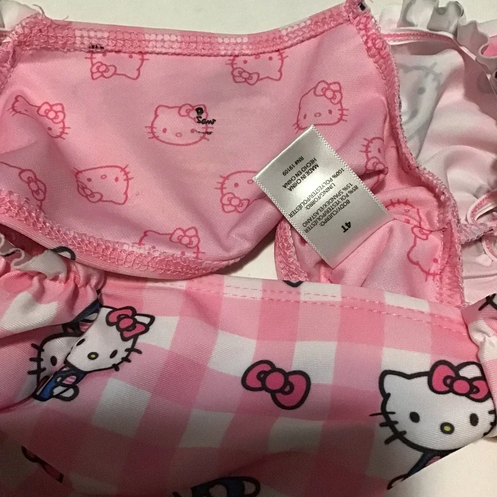Hello Kitty Pink Gingham Puffy Sleeve Bikini Set Toddler Girls 4T Sanrio Swim